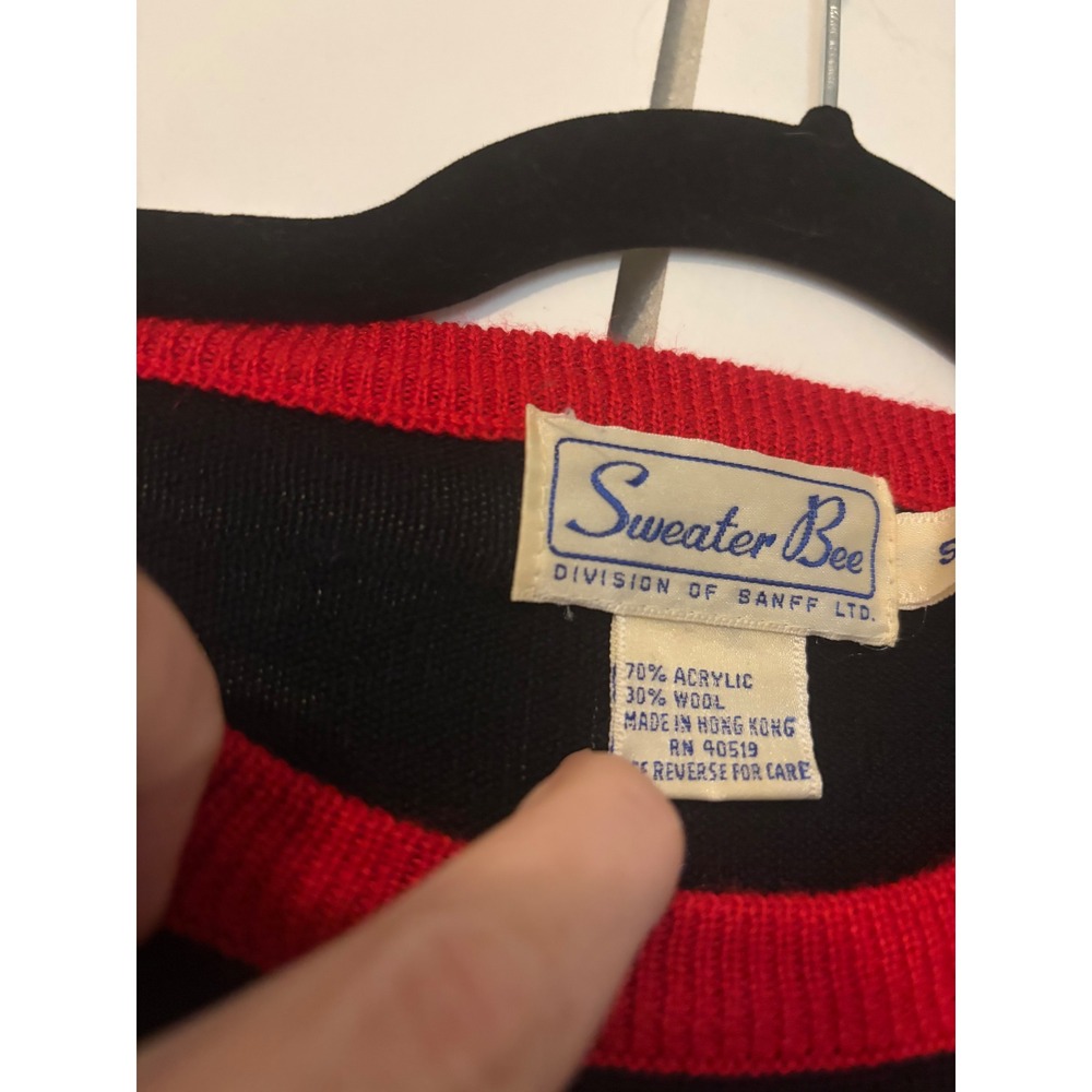 Sweater Bee Black Purple Green Red Trim Long Sleeve Knit Sweater Size S - Picture 4 of 7